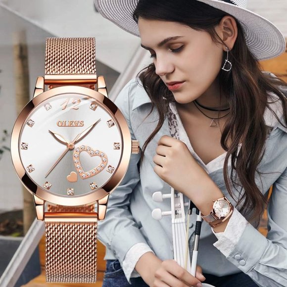 Olevs Rose Gold Mesh Strap Fashion Hearts Quartz Waterproof Watche Bracelet Sets main image 5